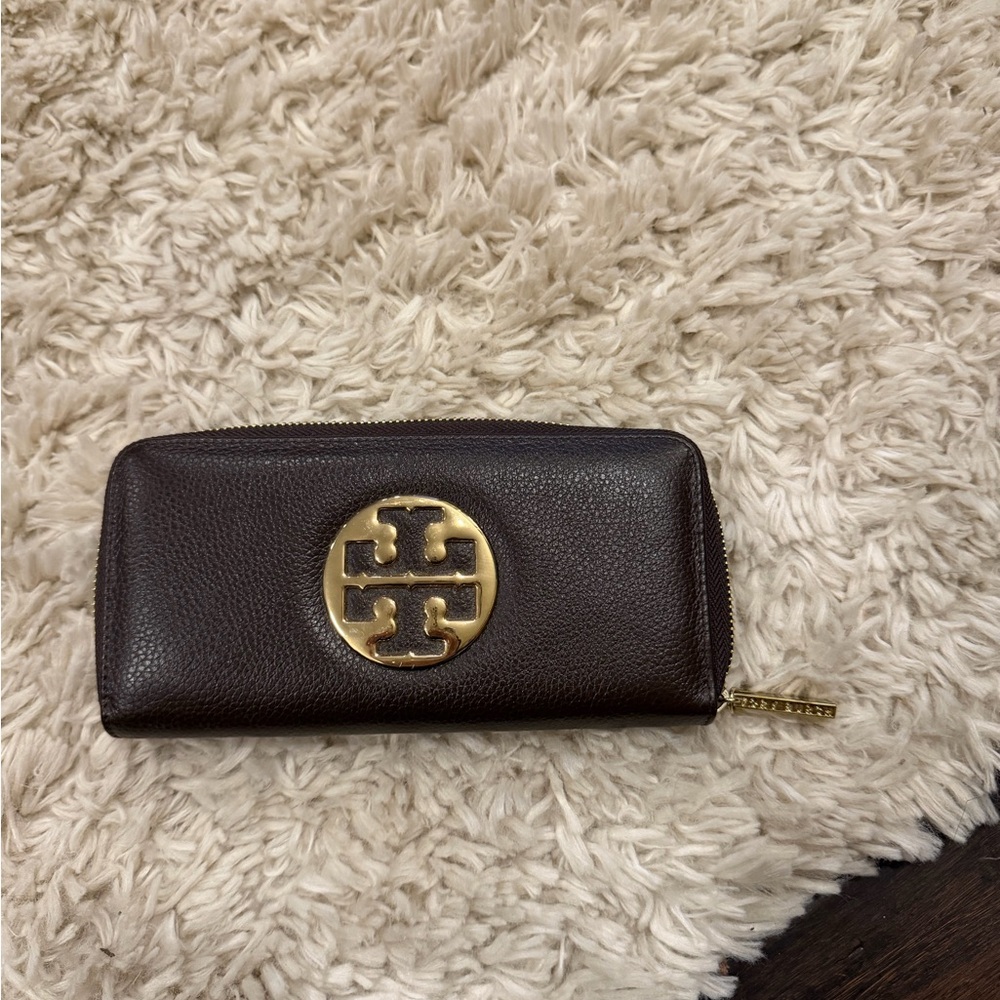 Tory Burch Dark Brown Wallet with Gold Zipper